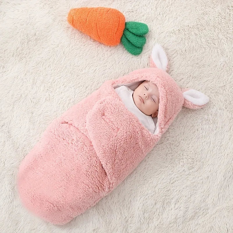 Fluffy fleece baby sleeping bag swaddle in blue with adjustable hook-and-loop closure for newborn