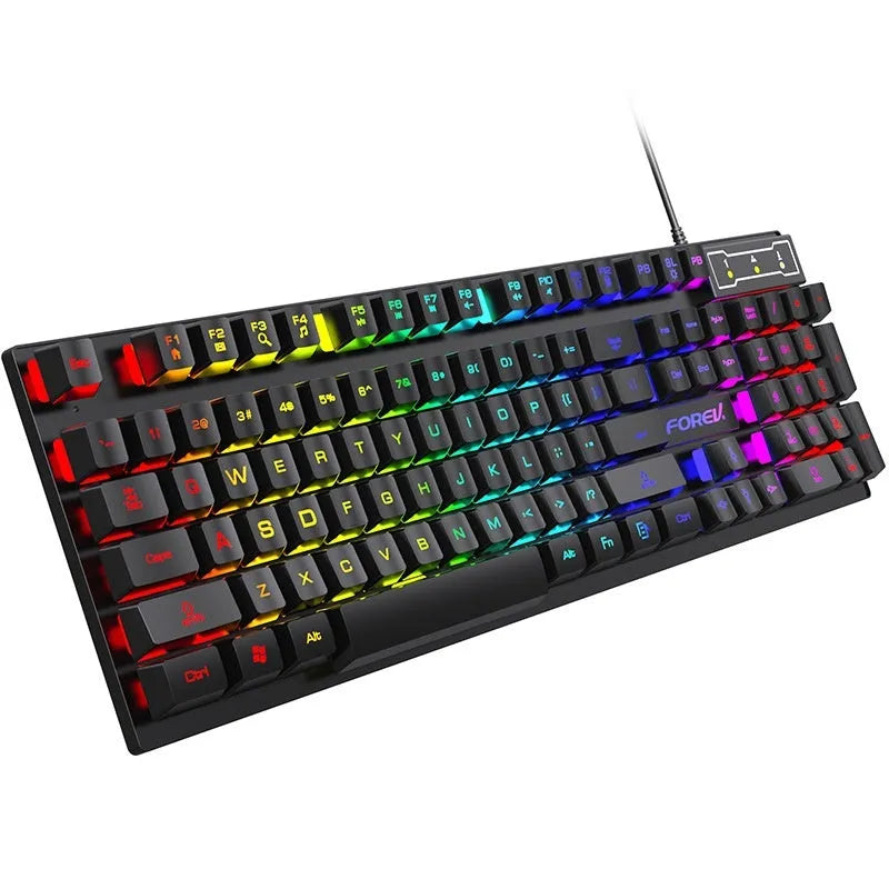 Black portable gaming keyboard with 104 backlit keys and matching mouse