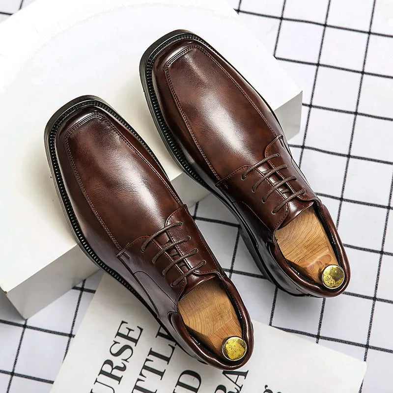 Men's black square toe low-top business casual leather shoes with rubber sole