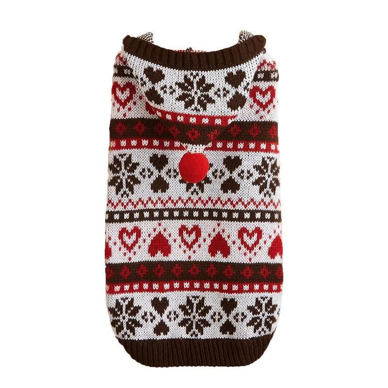 Pink, blue, and grey striped camouflage snowflake pattern knitted dog sweater for small dogs.