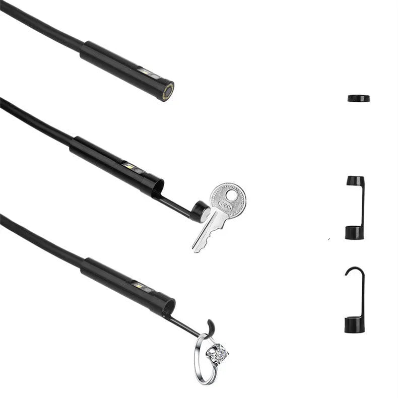 F300 WiFi dual lens endoscope with 5.5mm and 8mm waterproof probes, hook and magnet attachments.