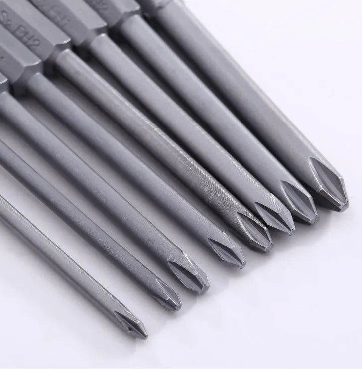 Set of eight 75mm long magnetic Phillips head screwdriver bits with 1/4 inch hex shanks on a grey background