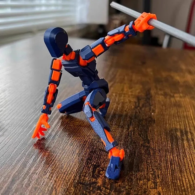 Unassembled 3D printed robot model kit with multi-jointed parts on a table