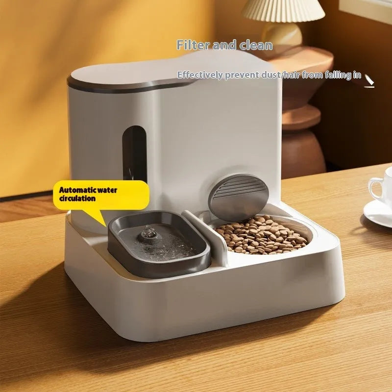 Automatic cat feeder with integrated water dispenser and double bowl system in grey colour