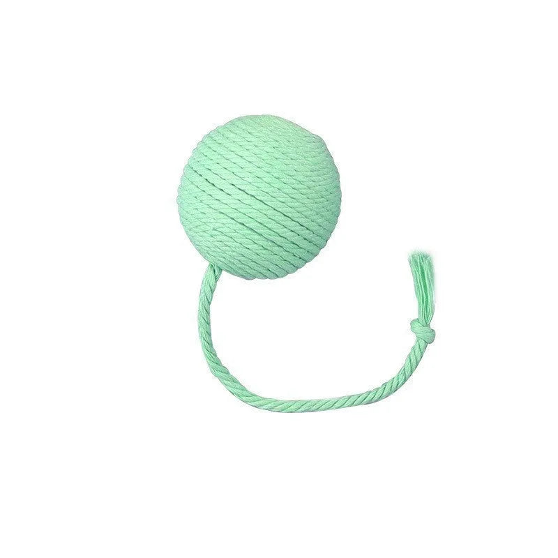 Cat toy ball with attached rope in green, pink, purple or yellow colours showing 3cm and 6cm size options