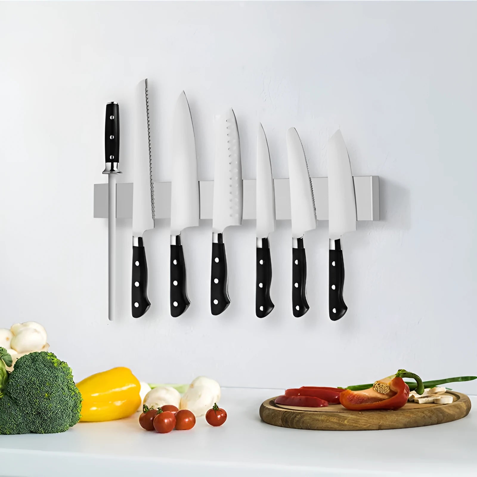 Stainless steel wall-mounted magnetic knife holder rack in various lengths for kitchen storage.