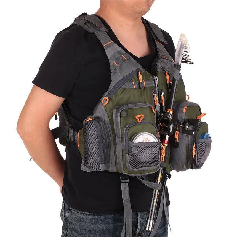 Men's outdoor fishing life vest with 11 pockets, detachable flotation, and reflective strips