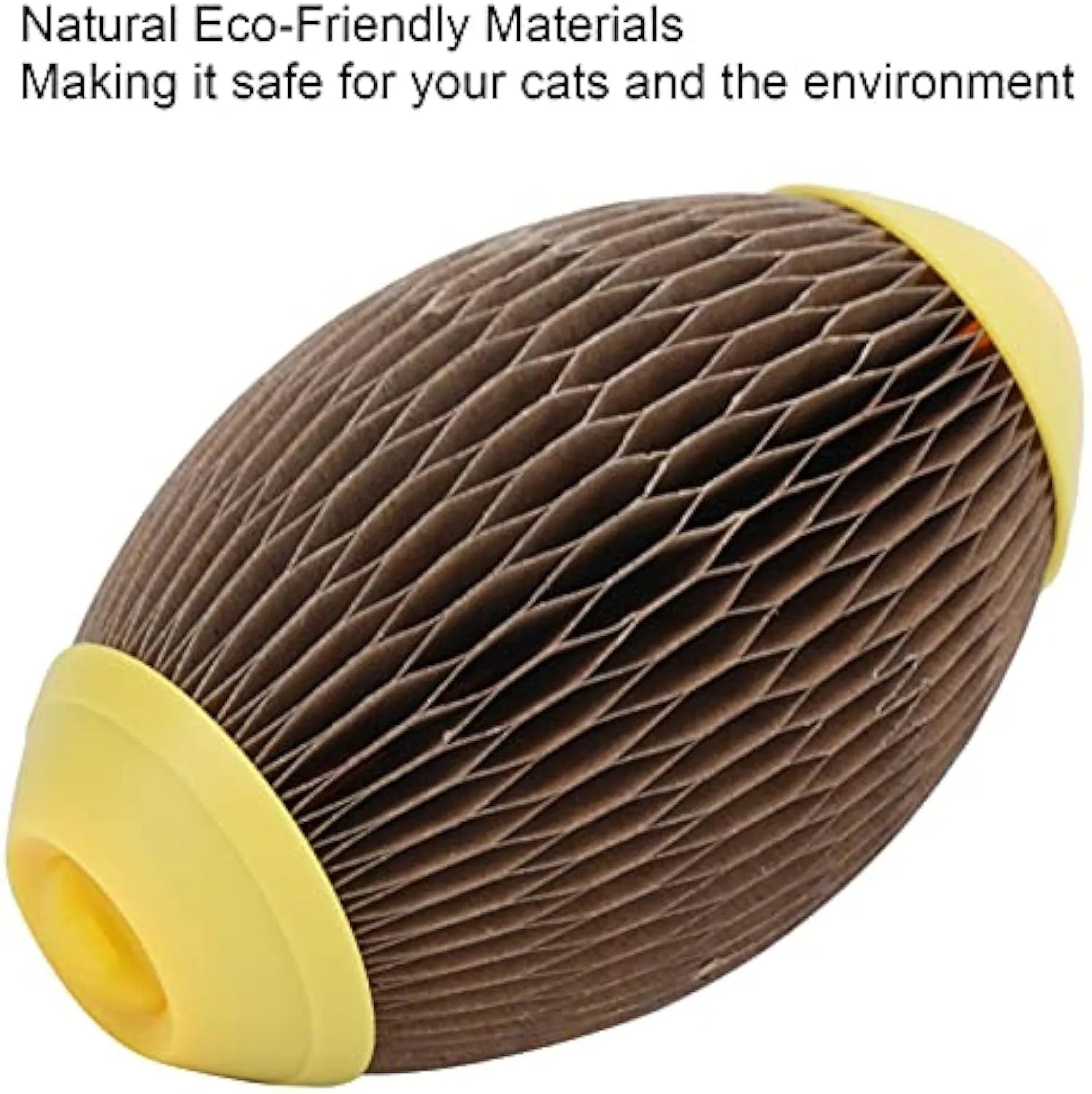 Elliptical corrugated paper catnip ball toy with scratching surface for feline play