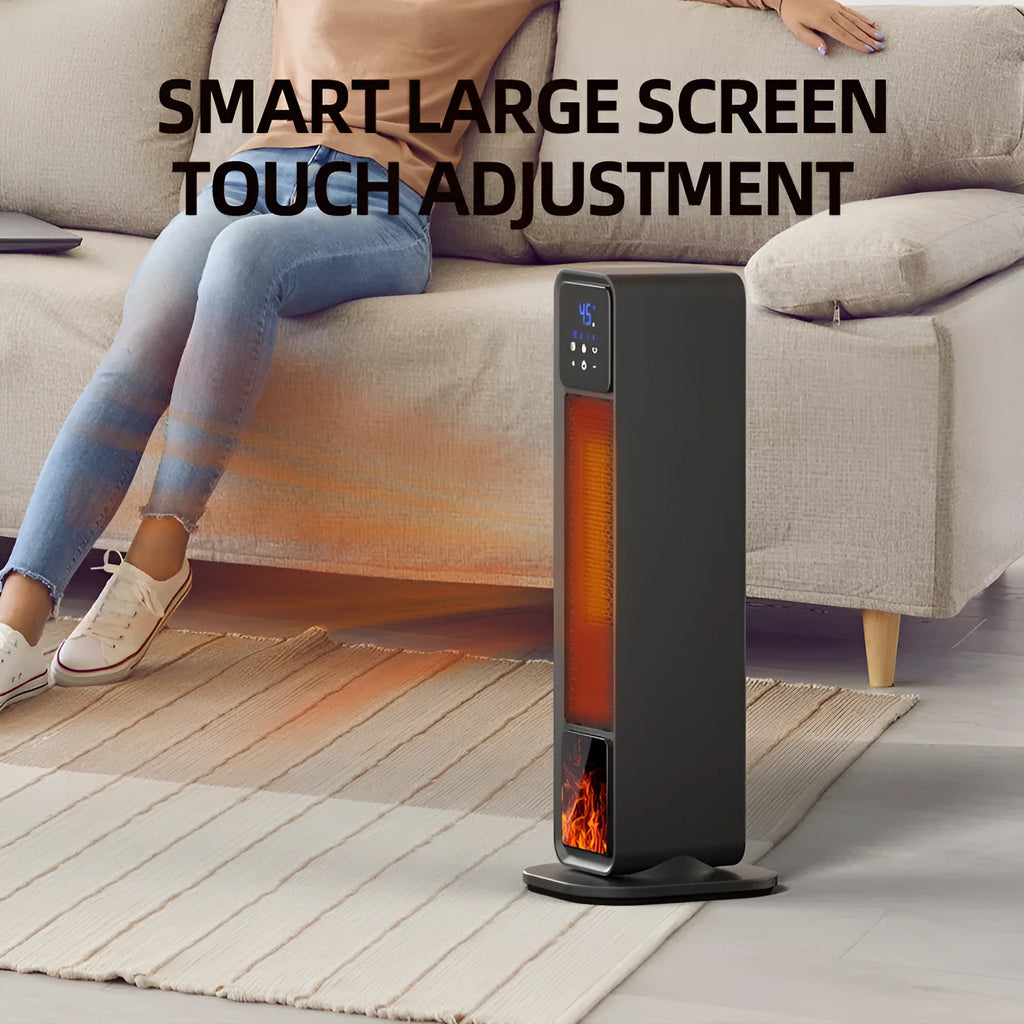 Black home standing electric heater with oscillating head, ceramic heating, and remote control on a floor