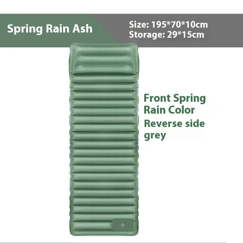 Single inflatable camping mattress in grey or black colour showing 195cm length and 10cm thickness