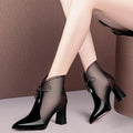 Patent leather mesh high heel boots in burgundy with pointed toe and back zipper