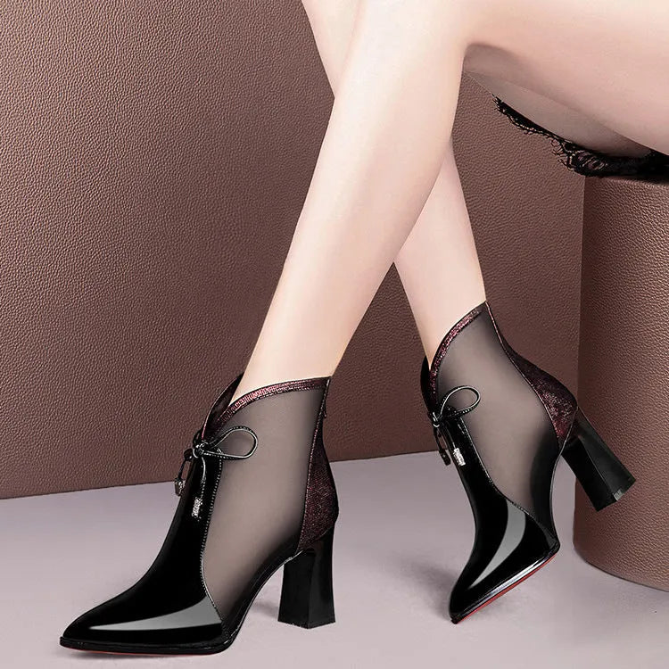 Patent leather mesh high heel boots in burgundy with pointed toe and back zipper