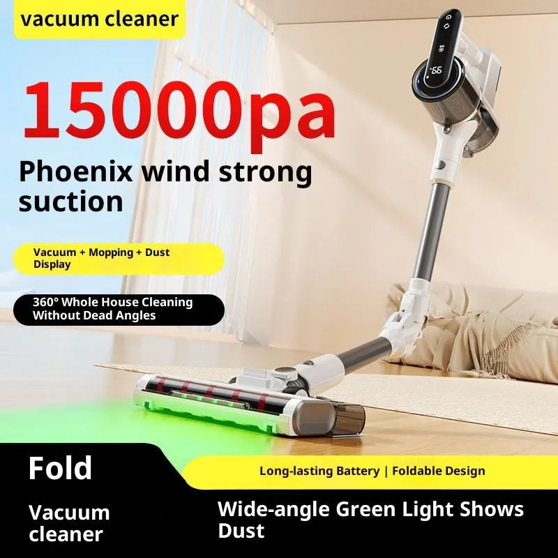 Light gray household wireless handheld folding tube vacuum cleaner with lighting function on a flat surface