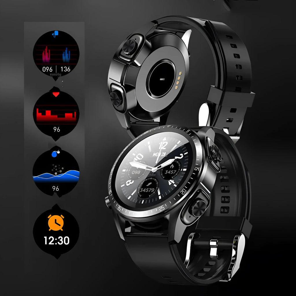 Black smart watch with health monitoring on silicone wrist strap showing blood pressure and oxygen tracking display