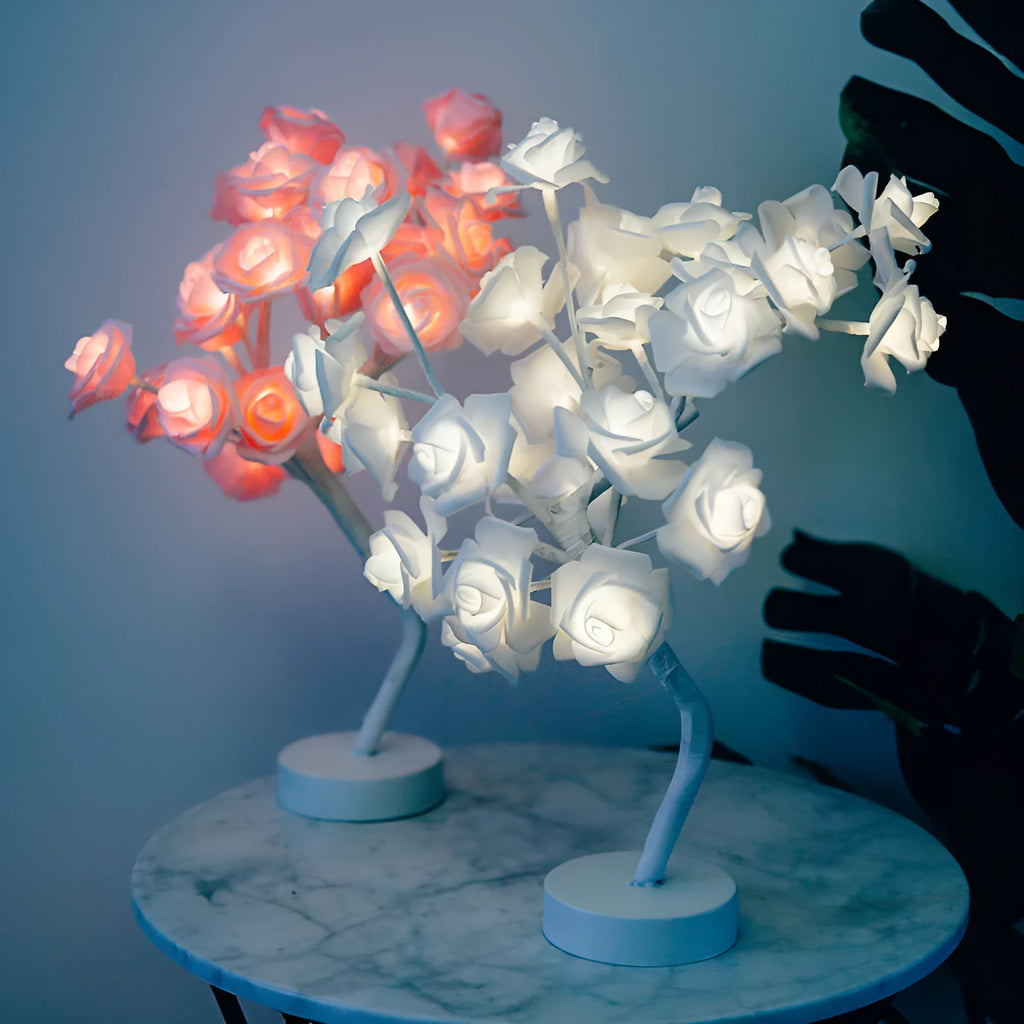 White and red PE cotton rose flower LED table lamp with bonsai tree base, powered by battery or USB.