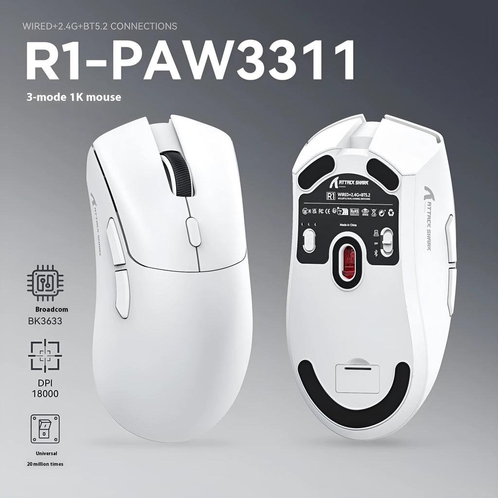 Attack Shark wireless triple-mode mouse in black, red, or white colours
