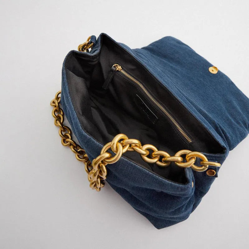 Blue oversized denim quilted shoulder bag with thick chain strap and padded buttons