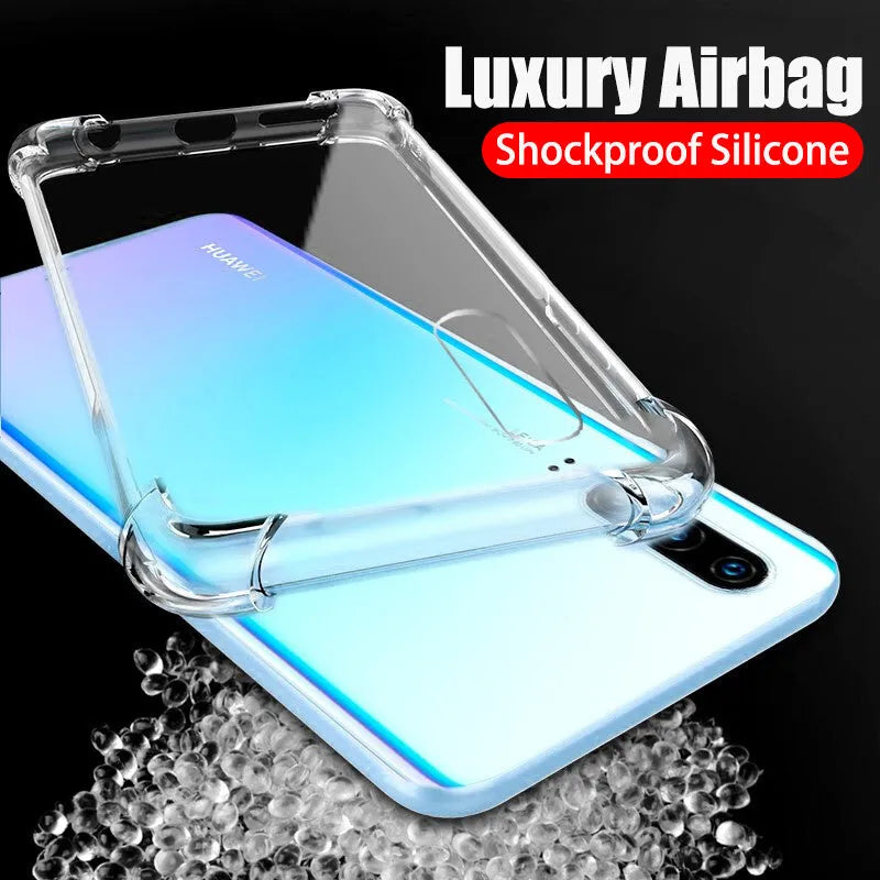 Clear transparent phone case for Huawei and Honor smartphones showing airbag protection design