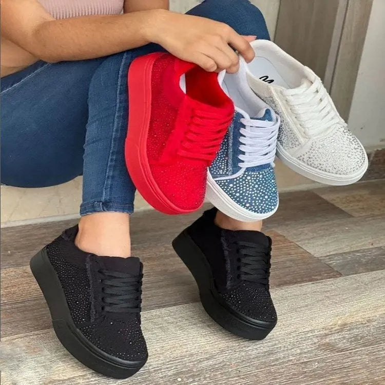 Plus size women's casual shoes with rhinestones, thick rubber soles, and front lace-up design in four colours