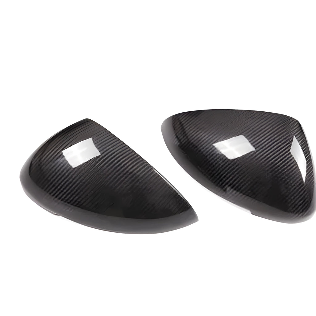 Carbon fibre Porsche Macan mirror covers showing woven pattern and precise dimensions for 14-22 model year fitment