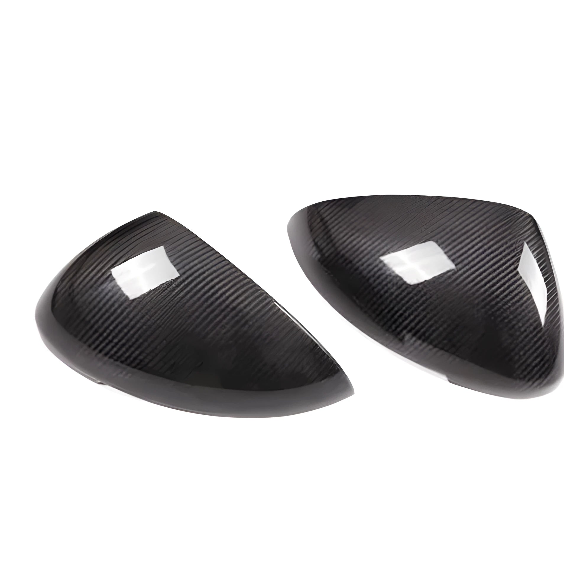 Carbon fibre Porsche Macan mirror covers showing woven pattern and precise dimensions for 14-22 model year fitment