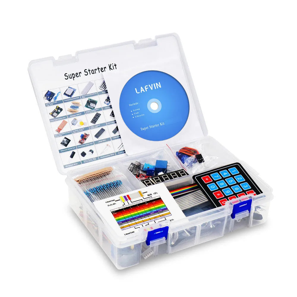 LAFVIN Arduino UNO R3 Super Starter Kit with blue development board and multiple electronic components.