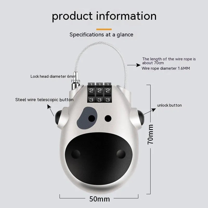 Retractable wire rope helmet lock with cow design and ABS plastic housing