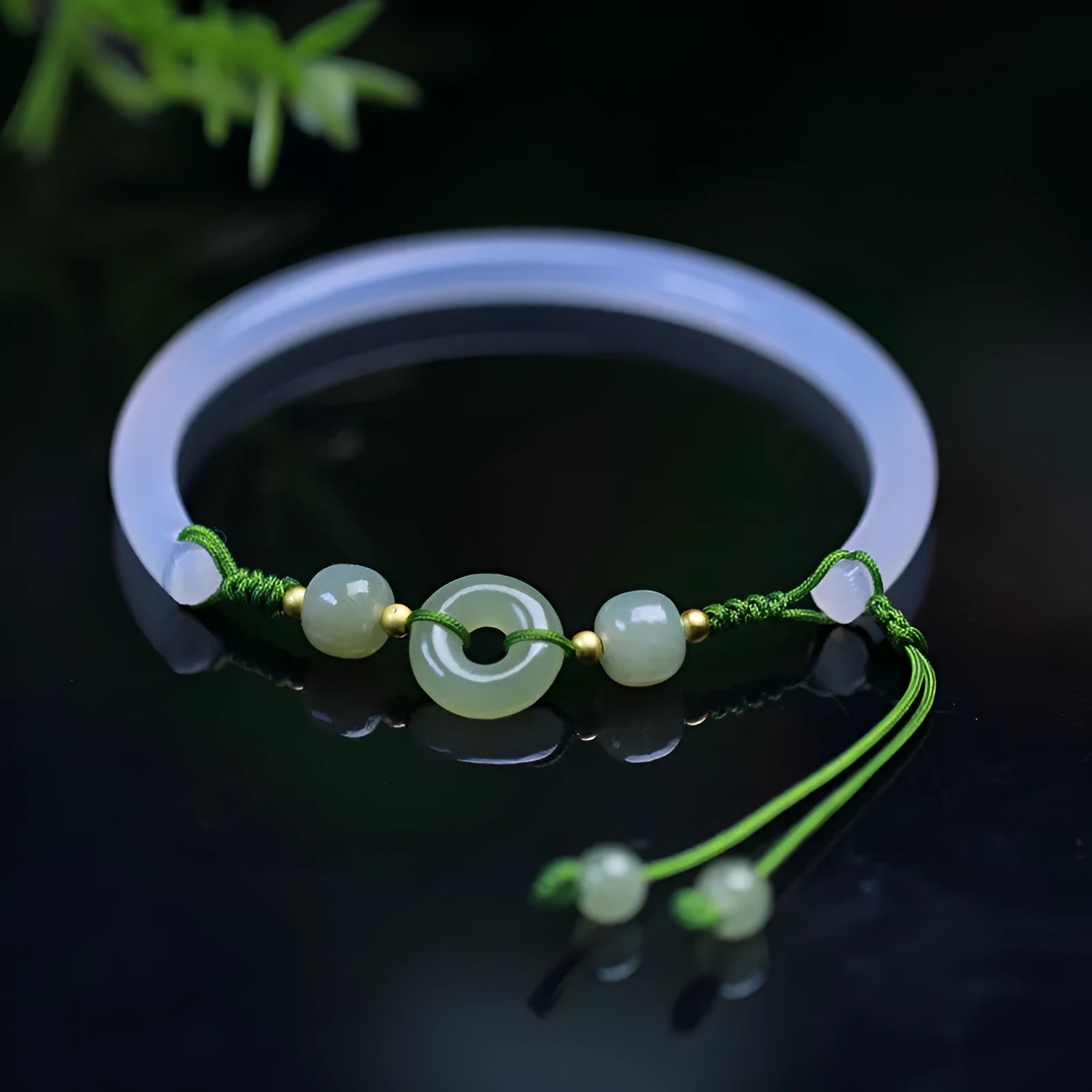Hand-woven white agate bracelet with Hetian jade beads and peace buckle closure