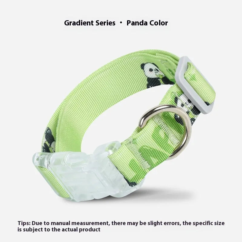 Adjustable nylon dog collar with cartoon gradient printing in panda green and other colours.