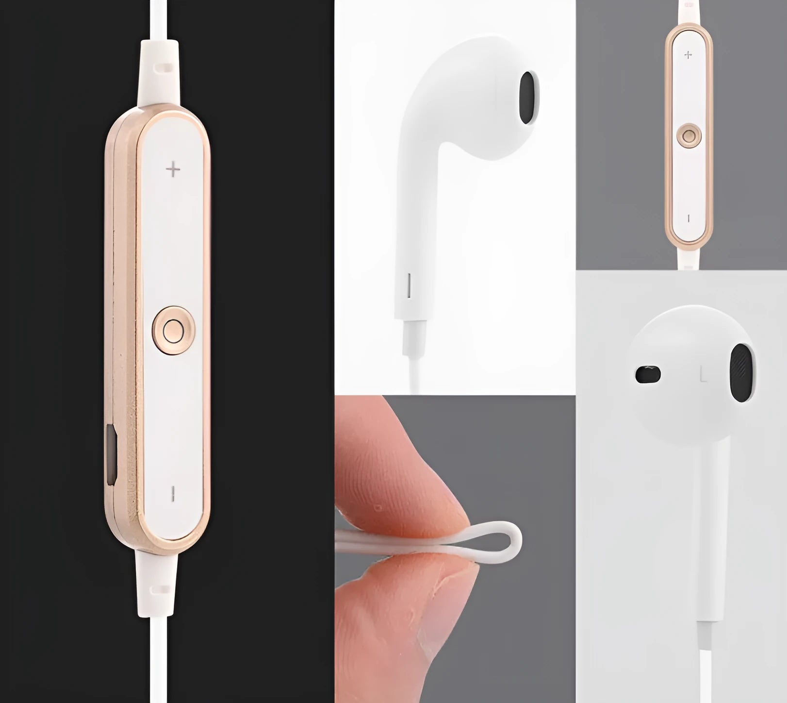 Wireless Bluetooth headset compatible with iPhone 7 and 6 models in black, white, gold, or silver.