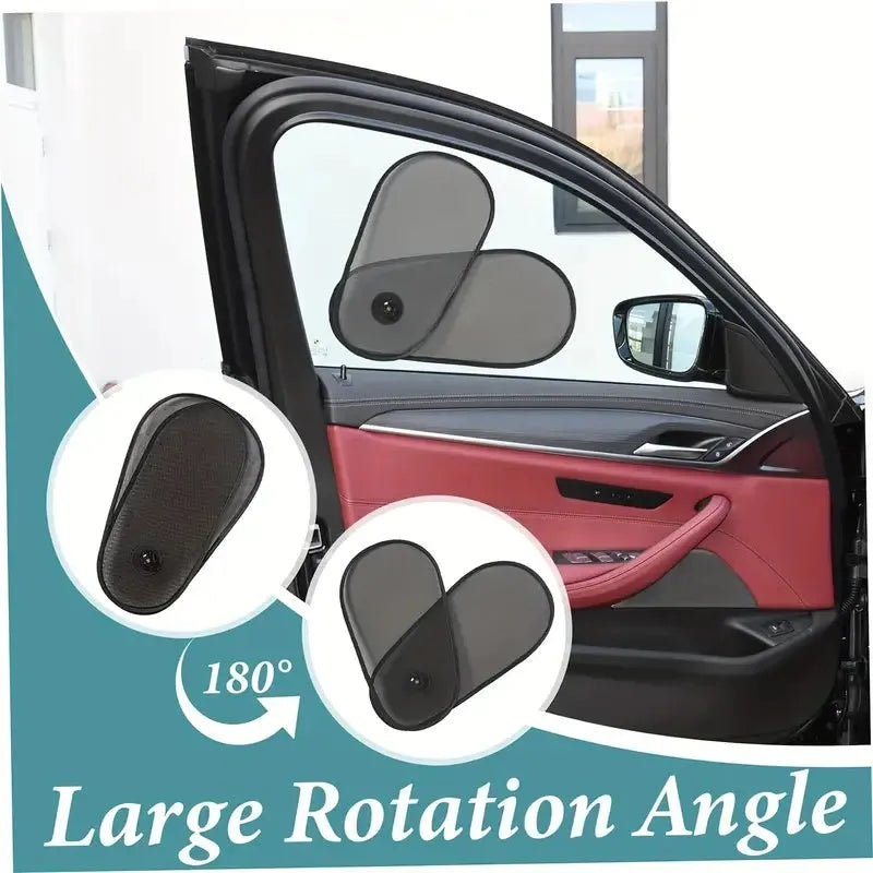 Black stretchy car side window shade with suction cups installed on a car window.