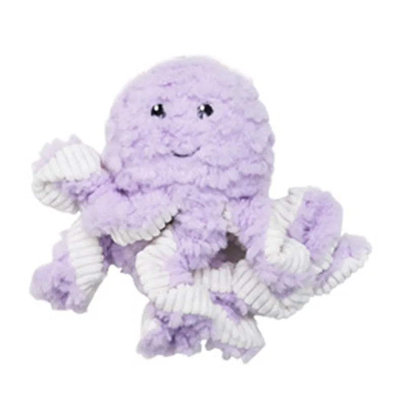 Plush corduroy caterpillar fabric dog toy in shark shape with squeaker on white background