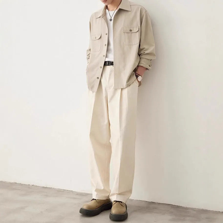 Men's long sleeve cotton shirt with a lapel collar in light sand rice colour.