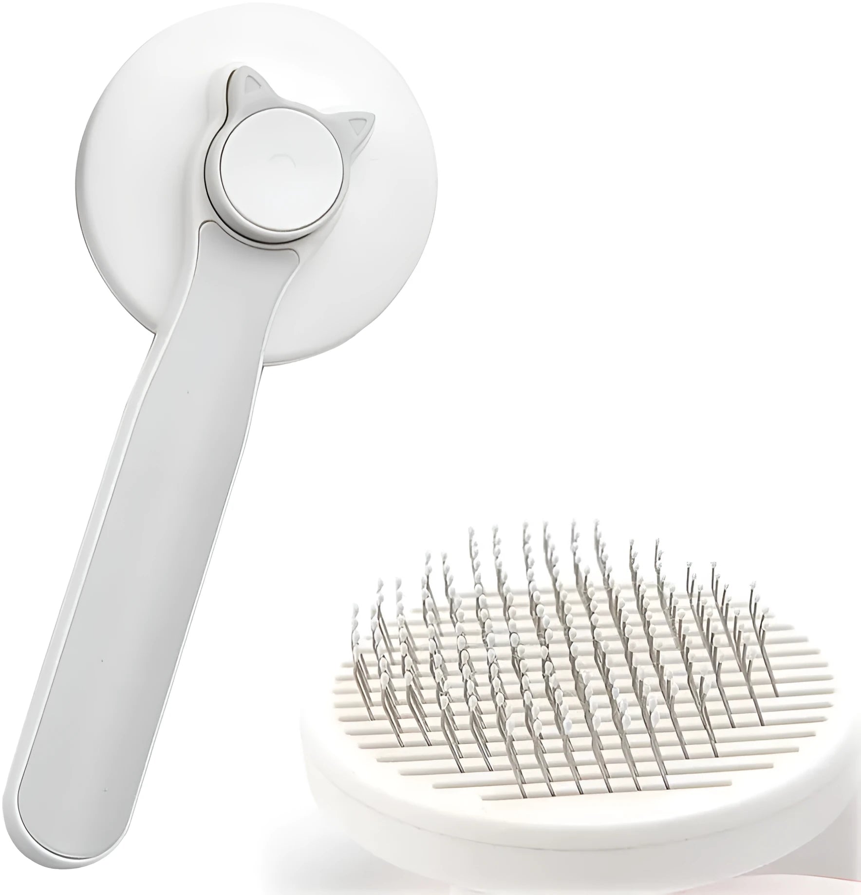 Blue self-cleaning cat and dog grooming brush with rubber-tipped pins and a non-slip rubber handle.