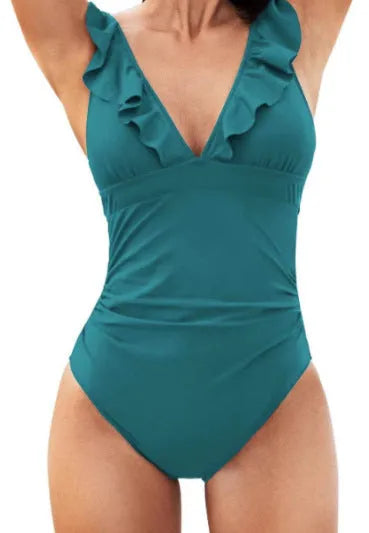 Women's V-neck one-piece swimsuit with flounce design and lace-up back in various colours