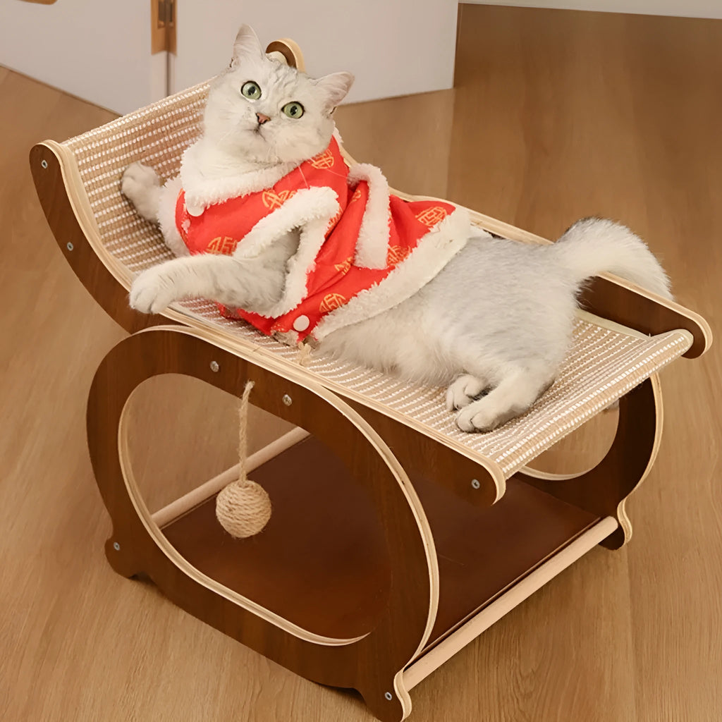 Solid wood base sisal scratching mat for cats in walnut colour on a wooden floor.