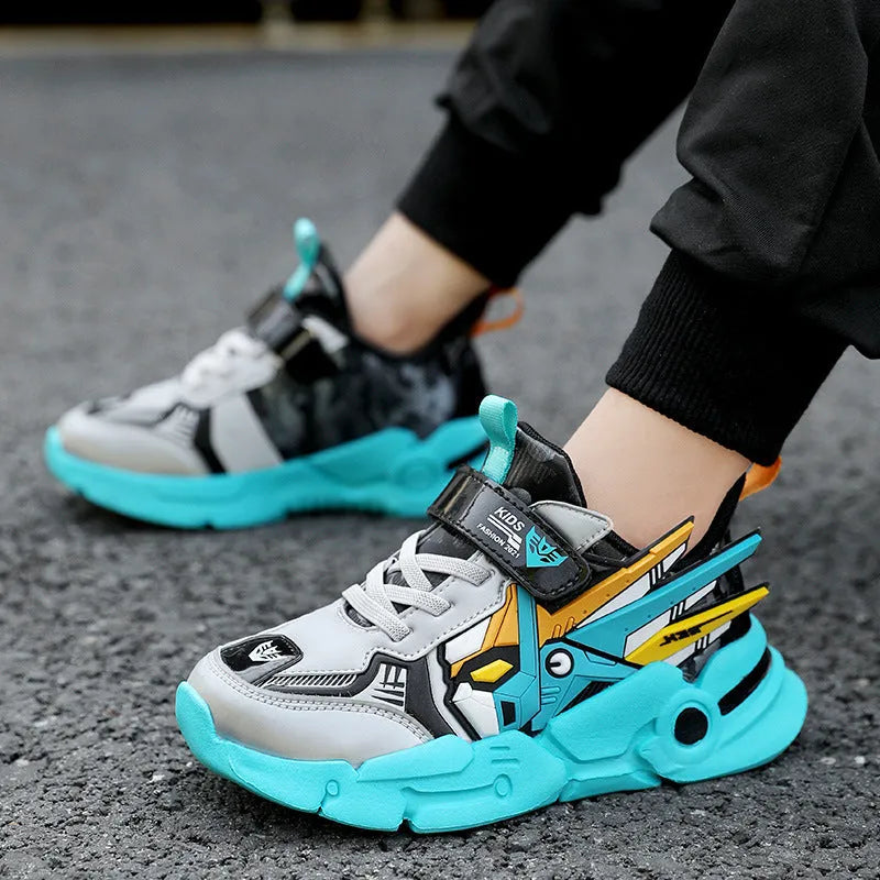 Children's running shoes with artificial leather surface and Velcro fastening in cartoon pattern design