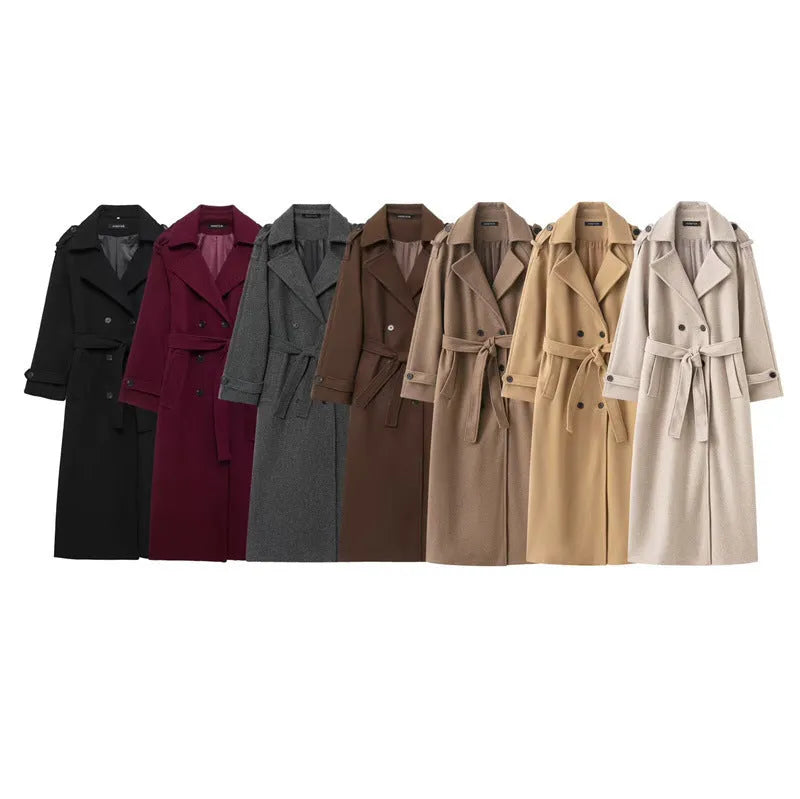 Women's double-breasted long wool coat in black, regular fit, medium thickness, with pockets