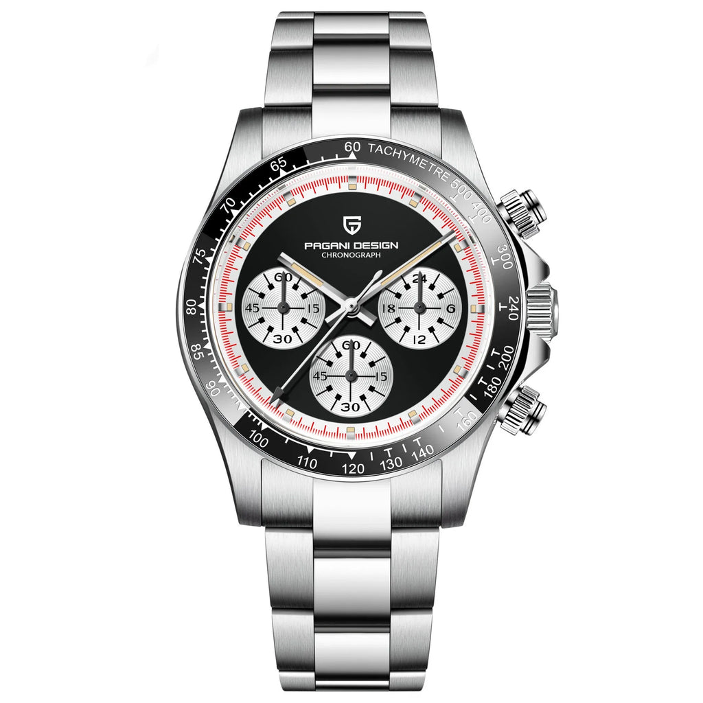 Men's black or white chronograph watch with stainless steel bracelet and 40mm dial