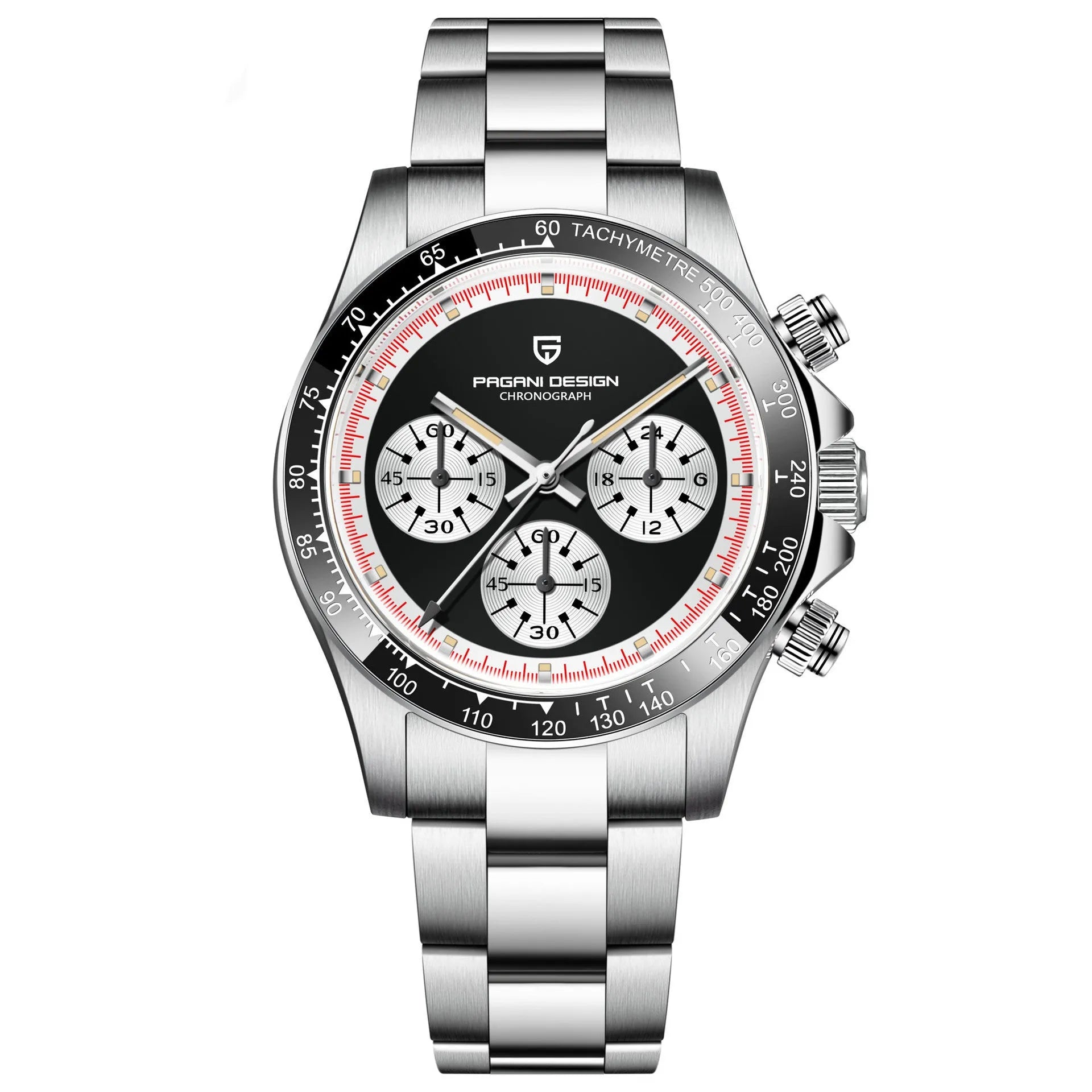 Men's black or white chronograph watch with stainless steel bracelet and 40mm dial
