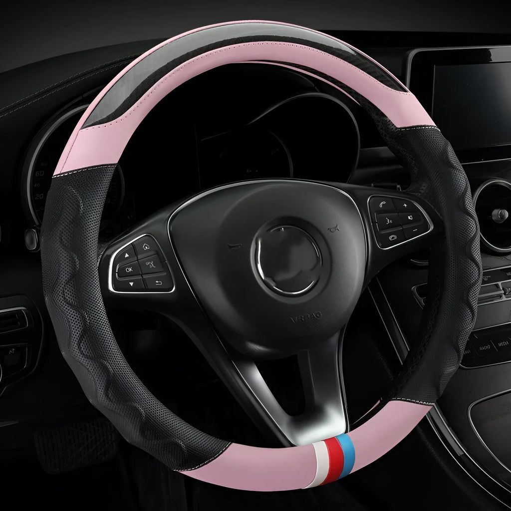 Artificial leather steering wheel cover for 38cm diameter wheels in round and D-shaped profiles