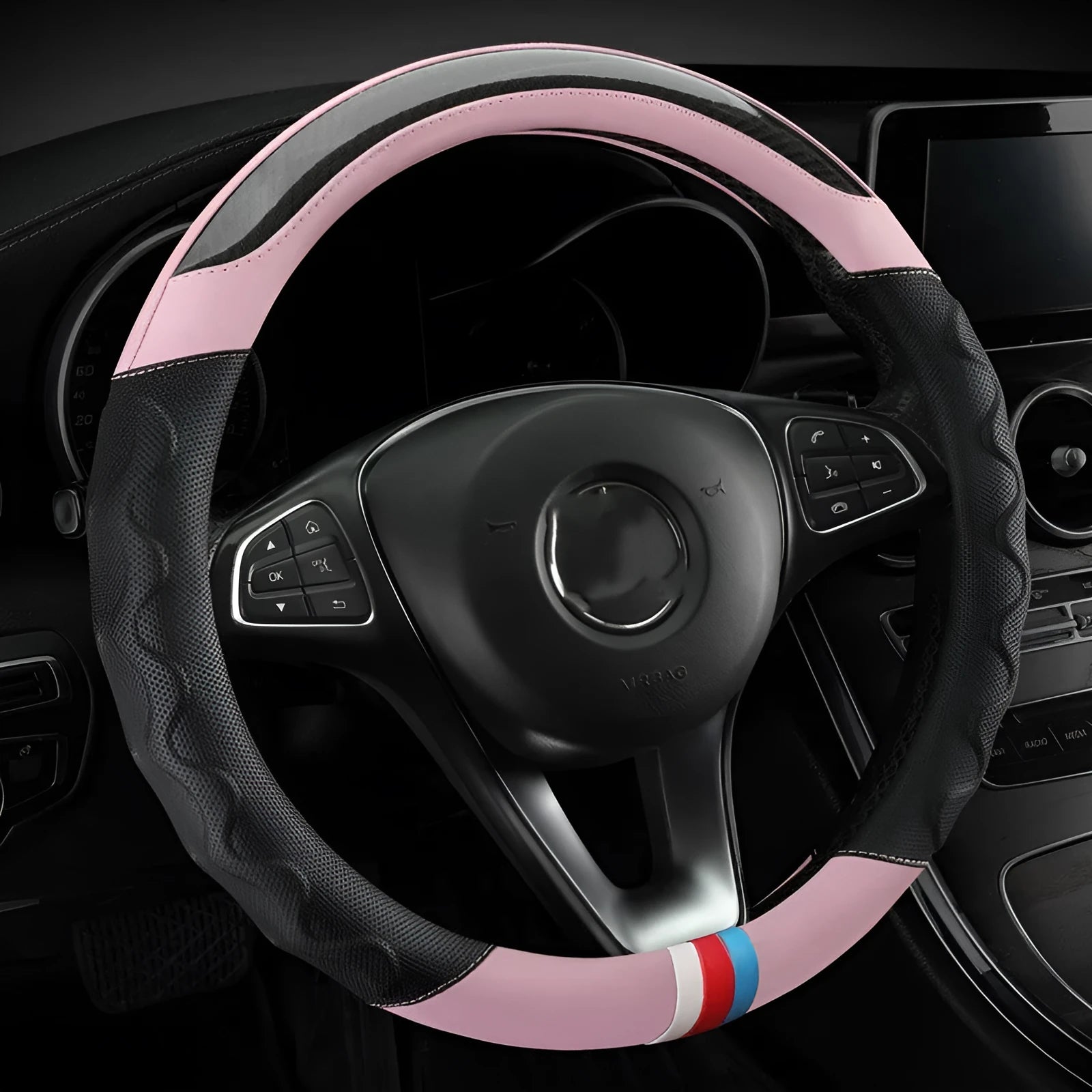 Artificial leather steering wheel cover for 38cm diameter wheels in round and D-shaped profiles