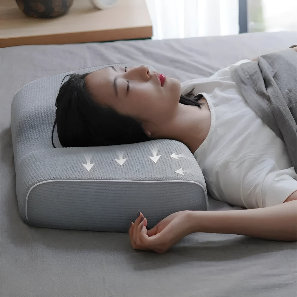 Grey memory foam neck support pillow with knitted cotton cover and adjustable loft for pain relief