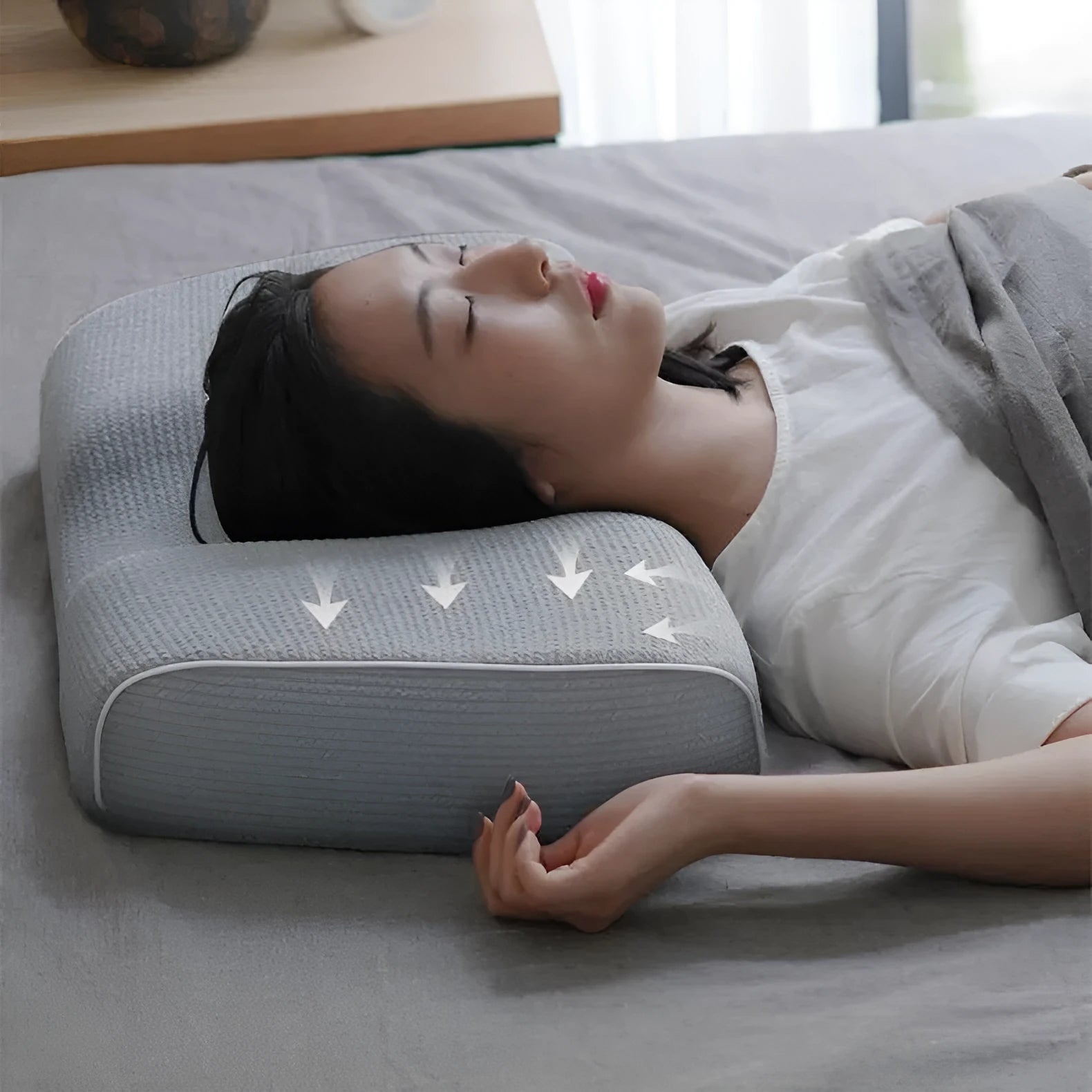 Grey memory foam neck support pillow with knitted cotton cover and adjustable loft for pain relief