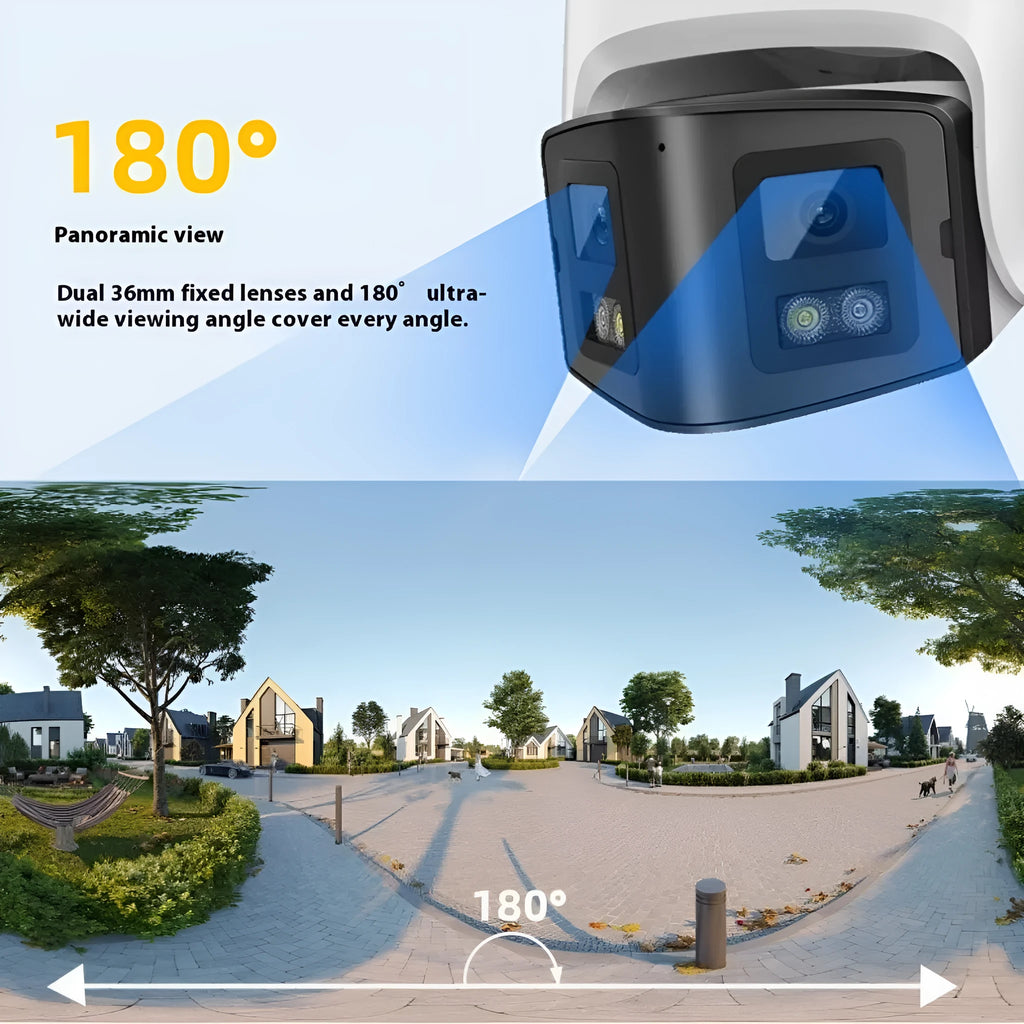 4MP dual-lens POE CCTV security camera with panoramic coverage and IP66 waterproof rating