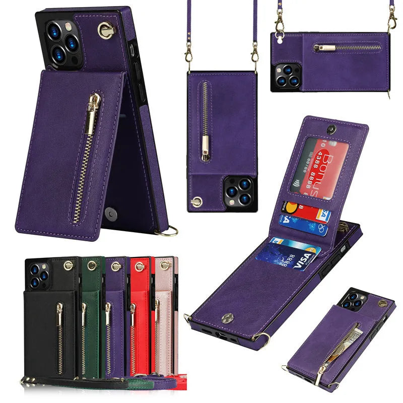 Crossbody phone case with zipper wallet and chain for iPhone 15, TPU leather in black