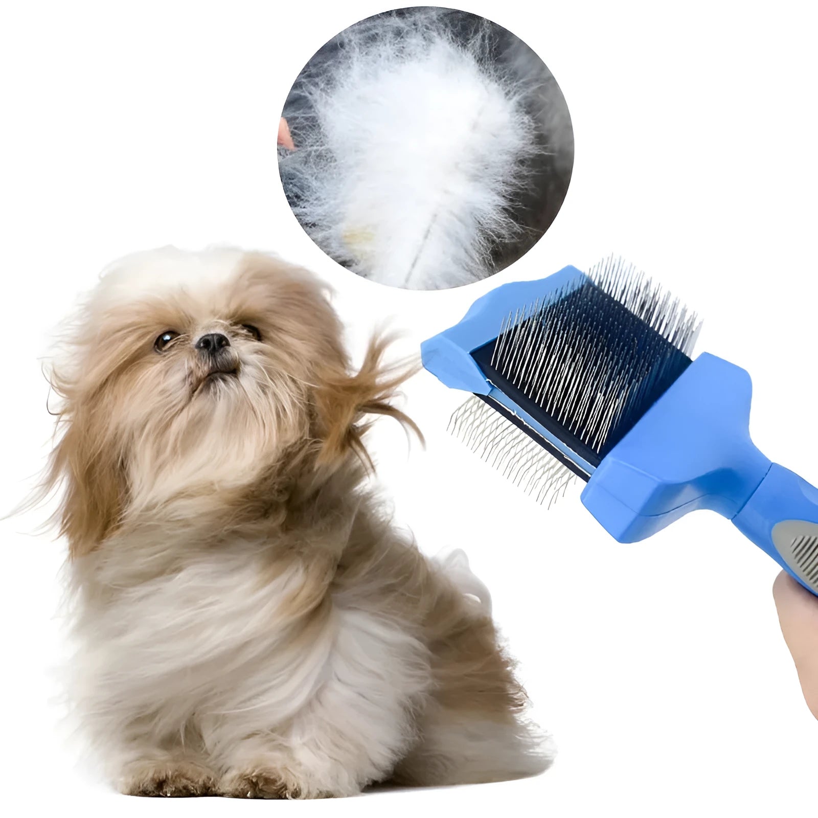 Double-sided blue pet grooming brush with stainless steel pins on one side and soft plastic bristles on the other.