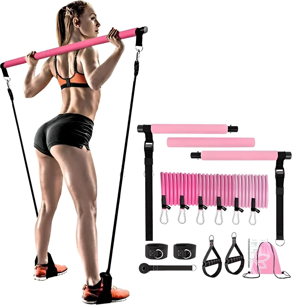 Women's rope stretch fitness stick 11-piece set showing pink, purple, and black resistance sticks with adjustable Bodhi pole design
