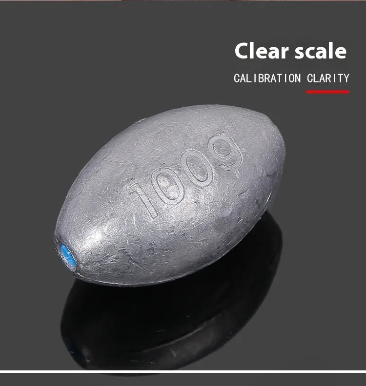 Rugby-shaped sea fishing lead sinker with plastic core in various weights from 10g to 150g