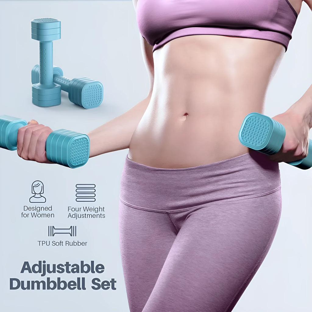 Pink, blue, black, and purple detachable 5 lb dumbbell set for women's fitness.